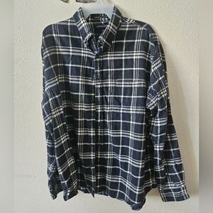 Lands' End Men's Navy Portuguese Flannel Long Sleeves comfy Plaid Shirt Size XL.